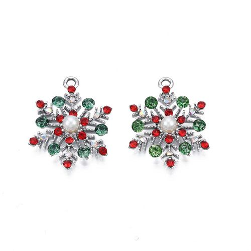 Enamel Christmas Rhodium Charm   Snowflake with CZ 1pc 24 x 20mm for jewellery making