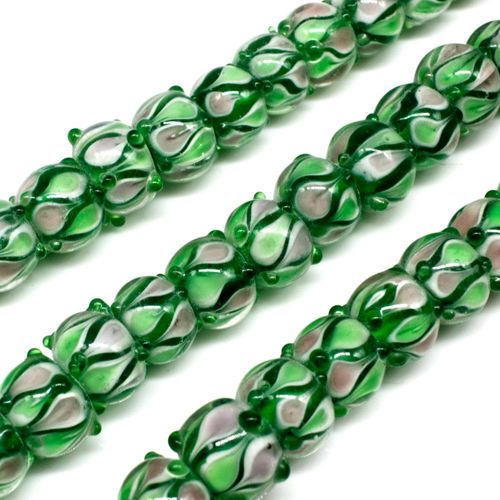 Lampwork Glass Bead   Green & Pink Rondelle 10x8mm 1pc for jewellery making