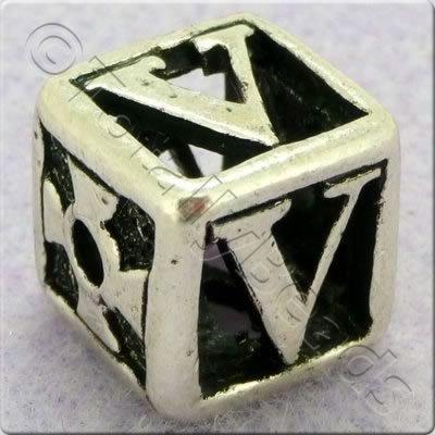 Tibetan Silver Letter Cube Bead - V