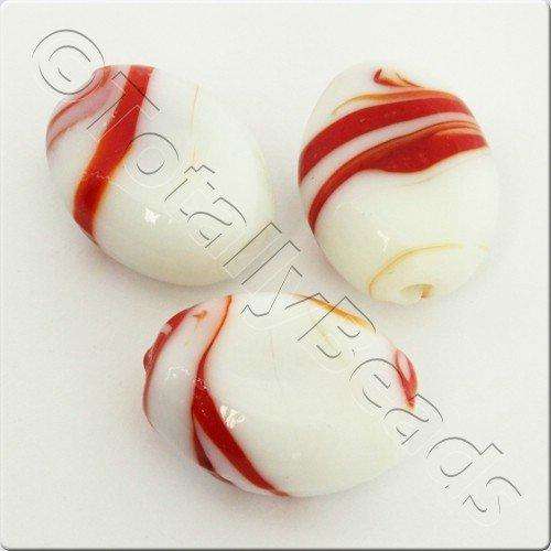 Lampwork Glass Bead Oval 23mm - Red White Swirl Luster