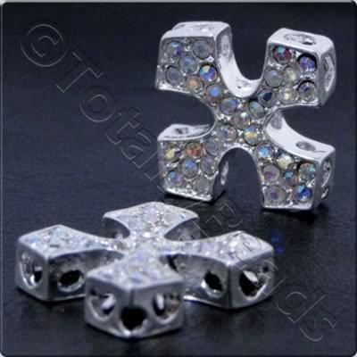 Rhinestone Connector - Square Cross 20mm - Silver and Crystal AB
