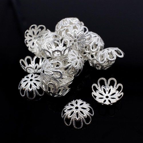 Iron Beadcap 13mm 8 Petal Filigree   Silver 100pcs for jewellery making