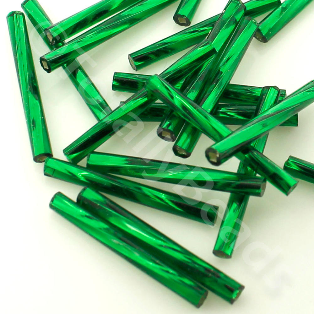 Czech Bugle Beads 20mm - 20g Twisted Silver Lined Green