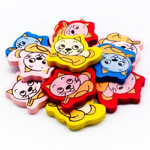 Colourful Wooden Beads   Kitten 30 x 30mm 11 pieces for jewellery making