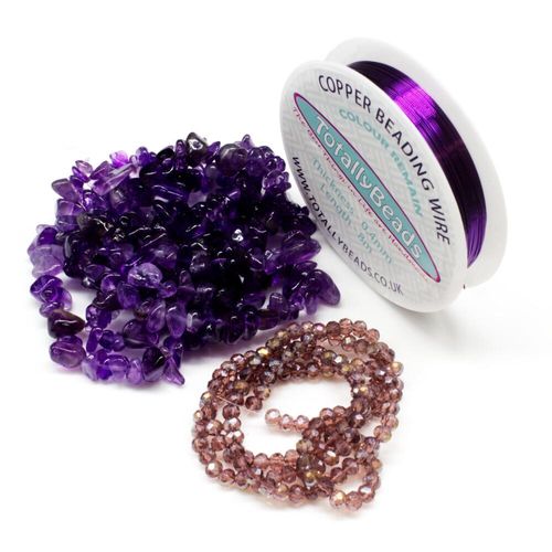 Gemstone Chips Dark Amethyst Wire Bracelet bracelet making kit — DIY set with beads and instructions for creating handmade jewelry