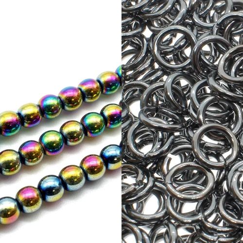 Hematite Double Row Chainmaille black rainbow jewelry making kit — DIY set with beads and instructions for creating handmade jewelry