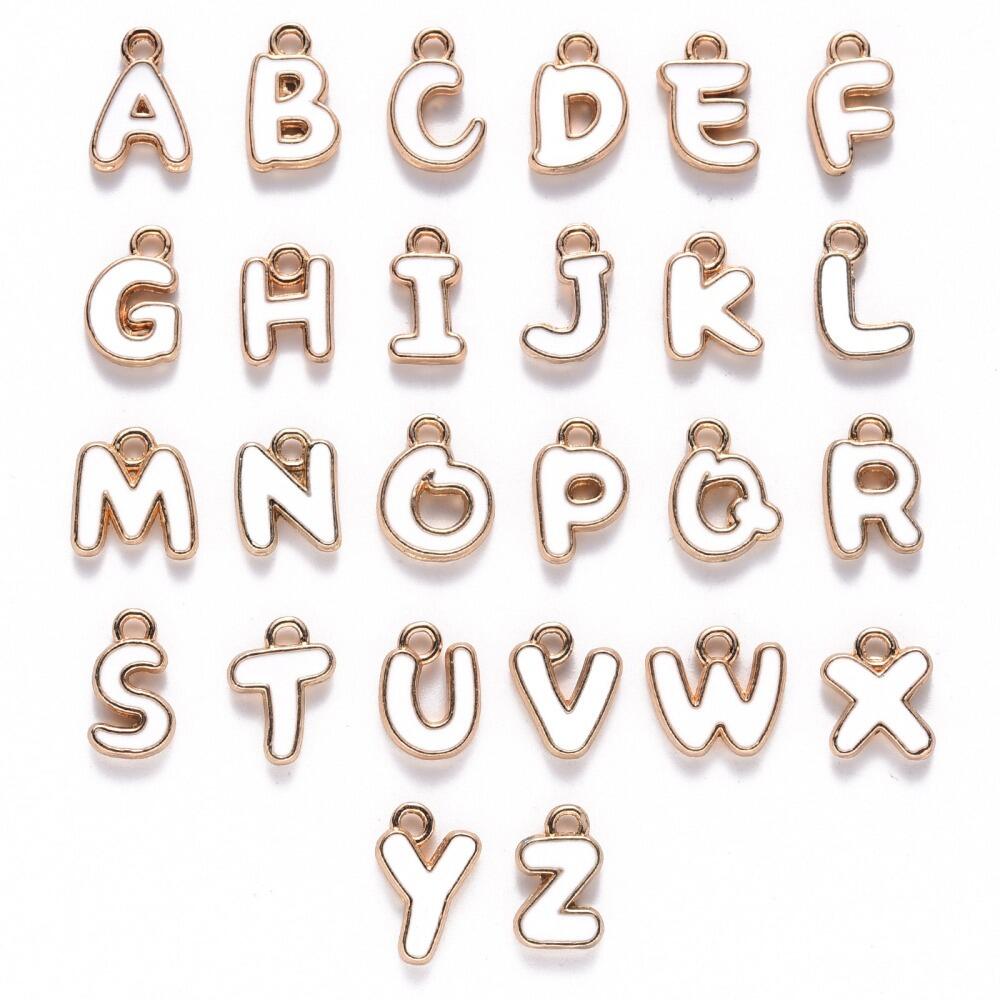 Enamel Gold Charm   Alphabet White 26pcs 12mm for jewellery making