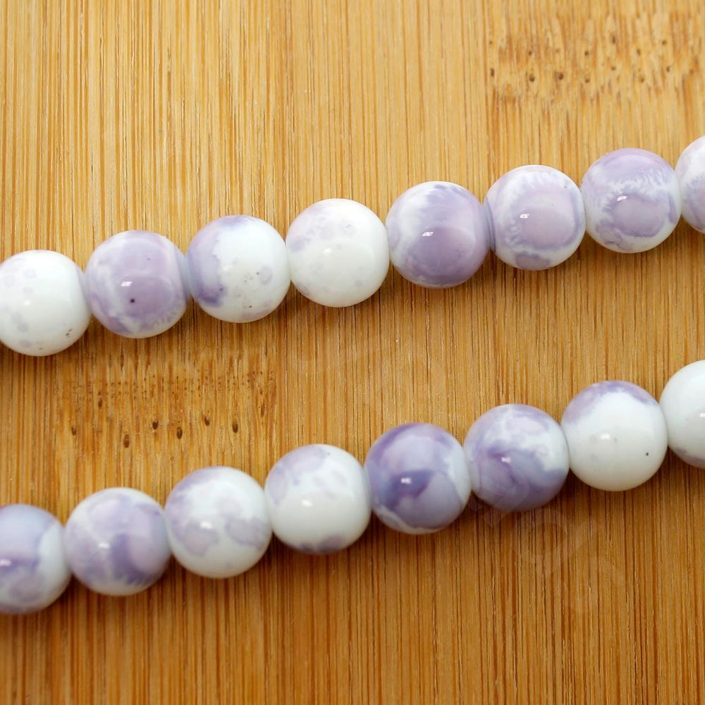 Glass Round Beads 10mm White Splatter - Lavender