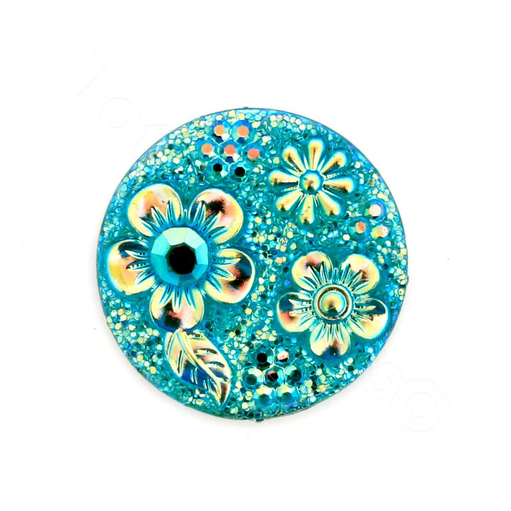 Acrylic Cabochon 20mm Disc - Flowers Turquoise