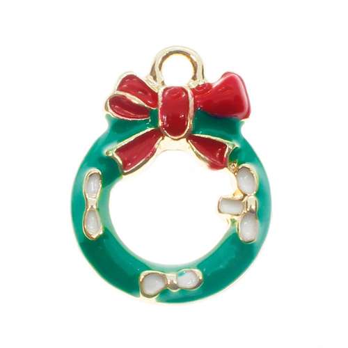 Enamel Christmas Gold Charm - Wreath White Bows 2pcs