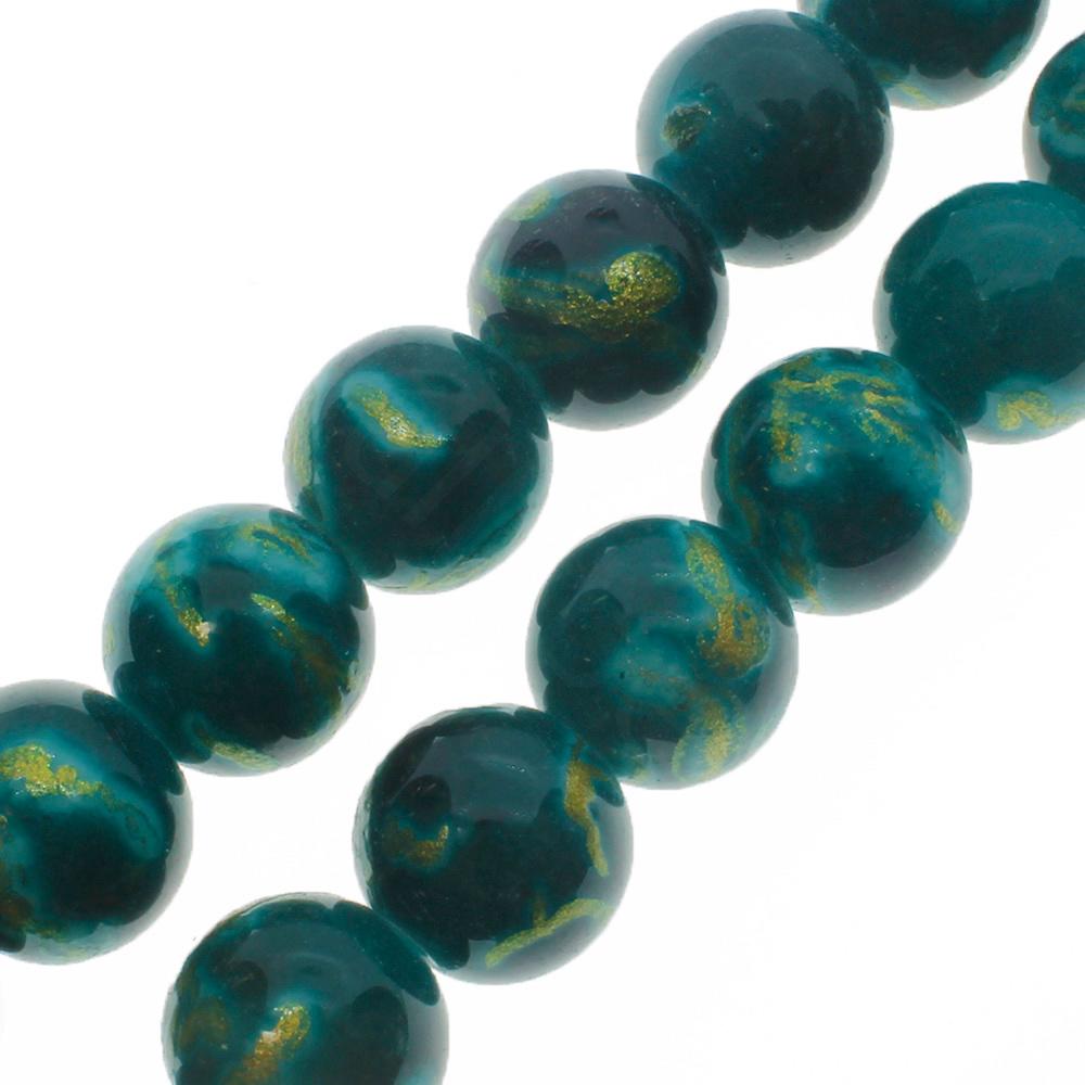 Gold Swirl Glass Beads 10mm Round - Emerald Green