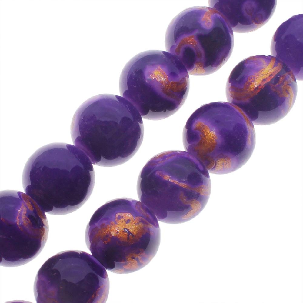 Gold Swirl Glass Beads 10mm Round - Purple
