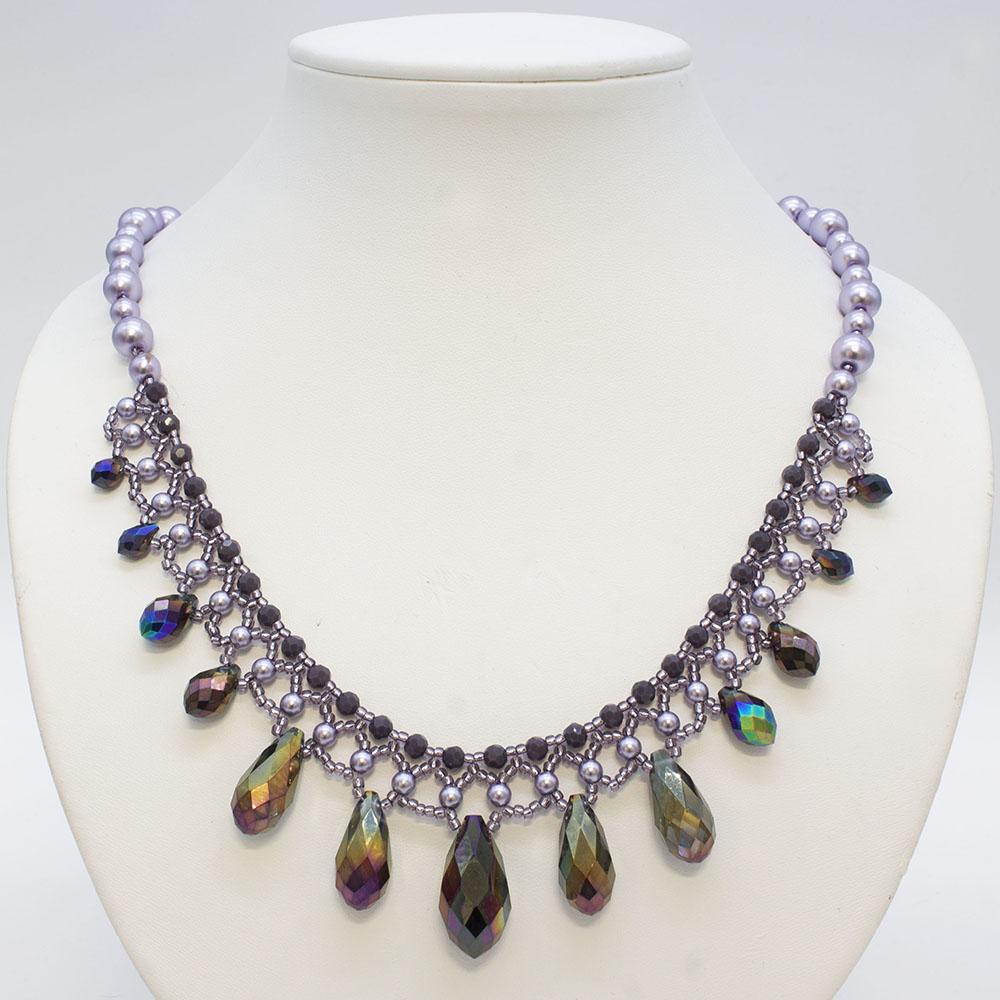 Crystal Drop Netted Necklace - Light Purple