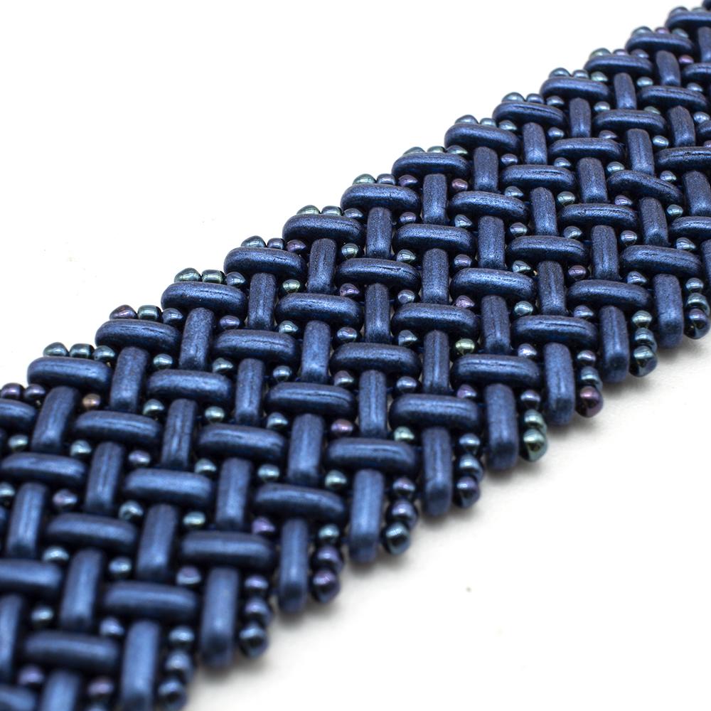 Chevron Stitch Bracelet with Czech Bars - Metallic Suede Blue