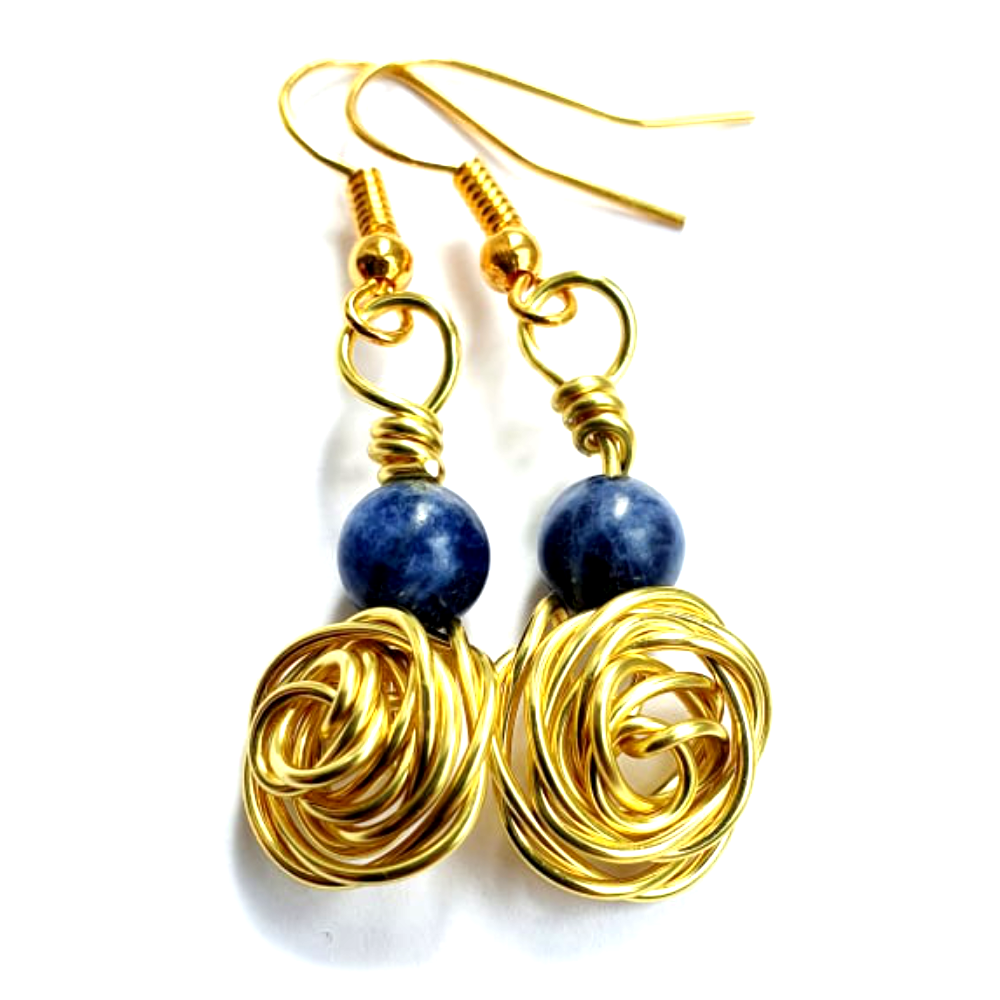 Wire Rose Earrings - Gold and Sodalite