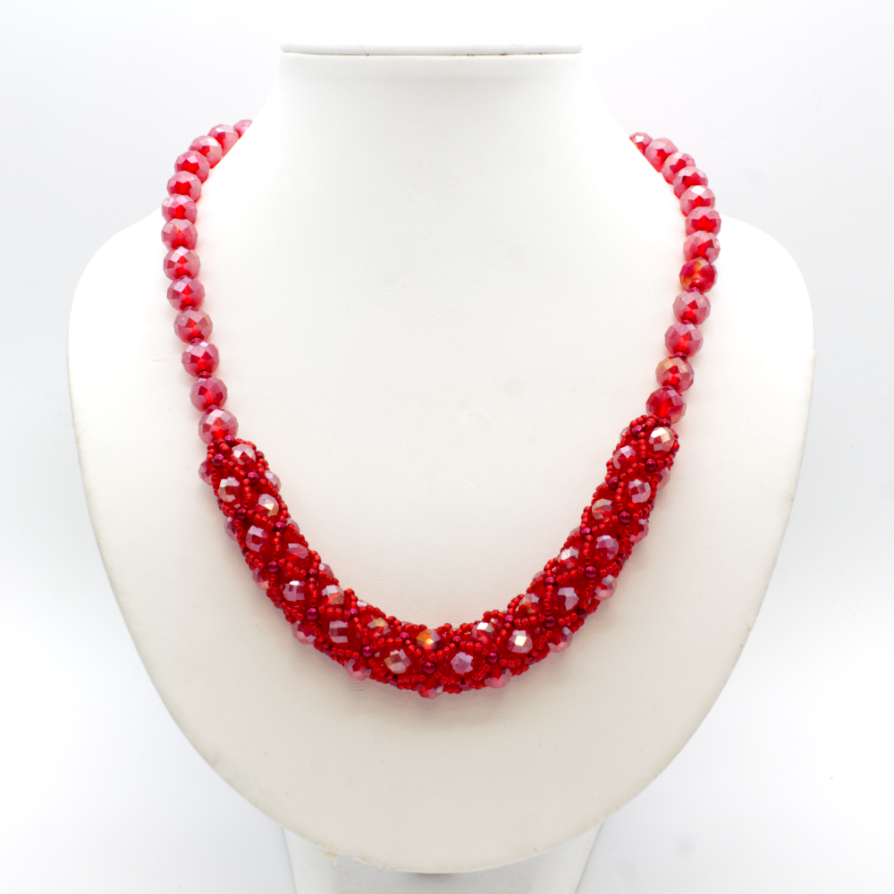 Crystal Tubular Netting Necklace - Red