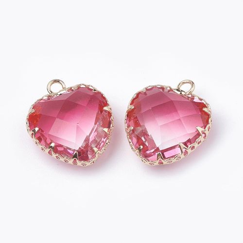 Facet Glass Heart Pendant with Gold Frame 16mm   Hot Pink for jewellery making
