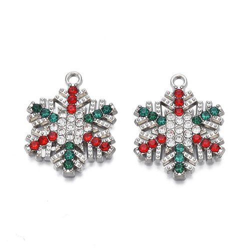 Enamel Christmas Rhodium Charm   Flat Snowflake with CZ 1pc 24 x 20mm for jewellery making
