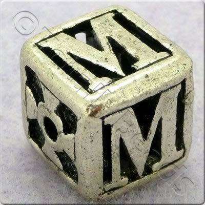 Tibetan Silver Letter Cube Bead - M