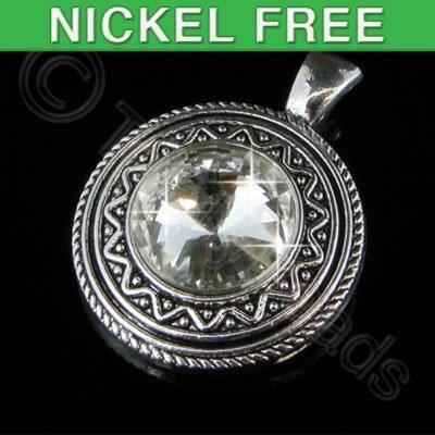 Antique Silver Pendant - Crystal Disc 33mm