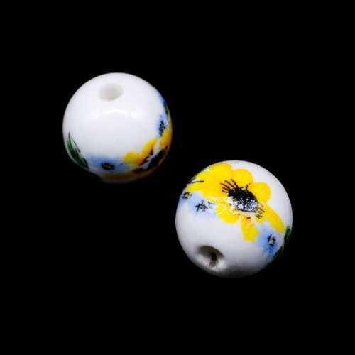 Porcelain Handmade 14mm Round Bead   Yellow Flower for jewellery making