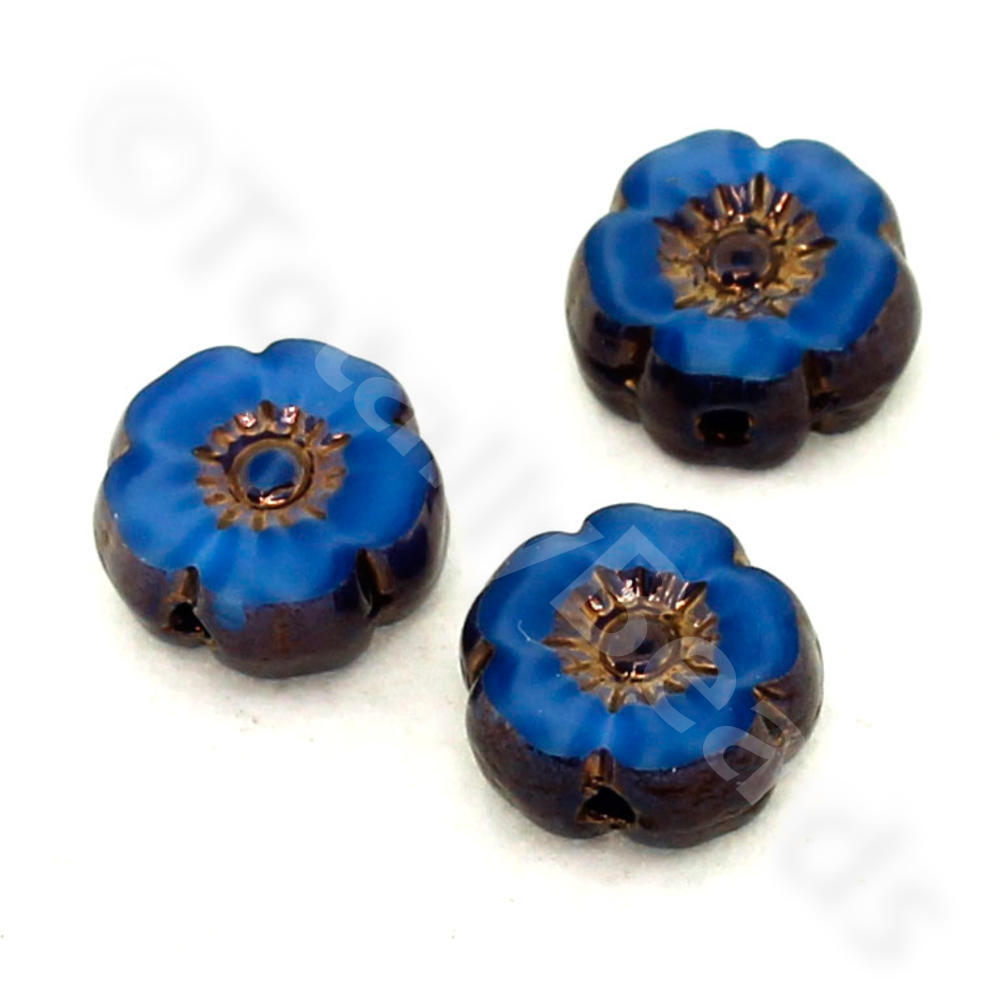 Table Cut Glass Bead - Milky Blue Flower 8mm