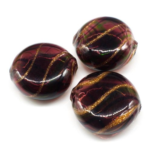 Hollow Glass Bead Disc 23mm   Purple/Green/Gold for jewellery making