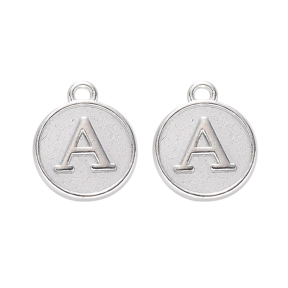 Disc Letter Charm Rhodium 12mm   A for jewellery making