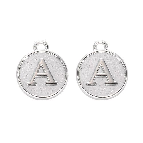 Disc Letter Charm Rhodium 12mm   A for jewellery making