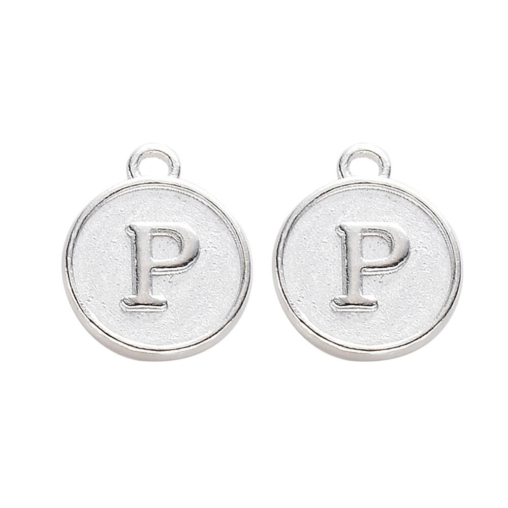 Disc Letter Charm Rhodium 12mm   P for jewellery making