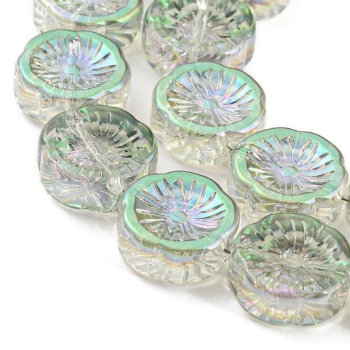 Glass Flower Beads 14mm Coin 10pcs   Rainbow Green for jewellery making
