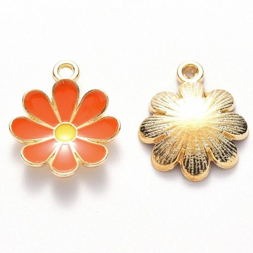 Enamel Gold Charm   19mm Curve Flower Orange 2pc for jewellery making