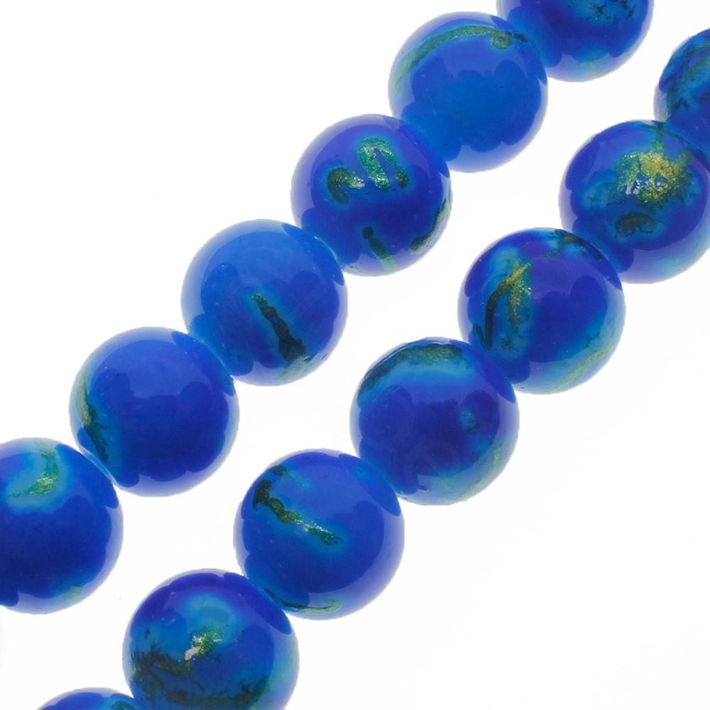 Gold Swirl Glass Beads 10mm Round - Royal Blue