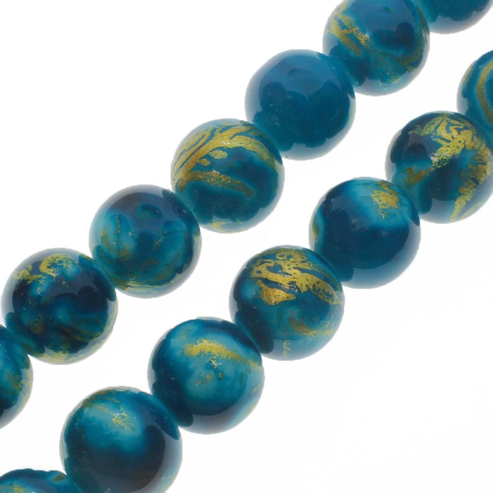 Gold Swirl Glass Beads 10mm Round - Dark Turquoise