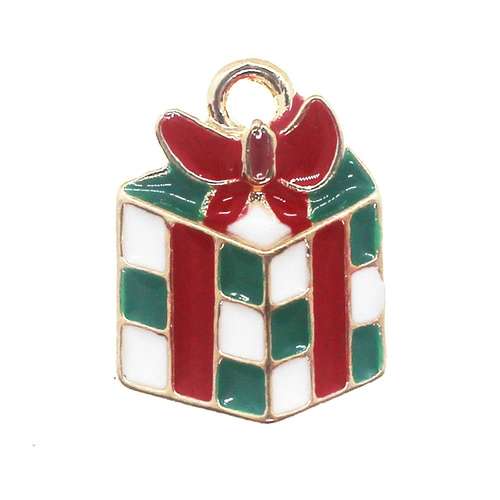 Enamel Christmas Gold Charm - 3D Present 2pc