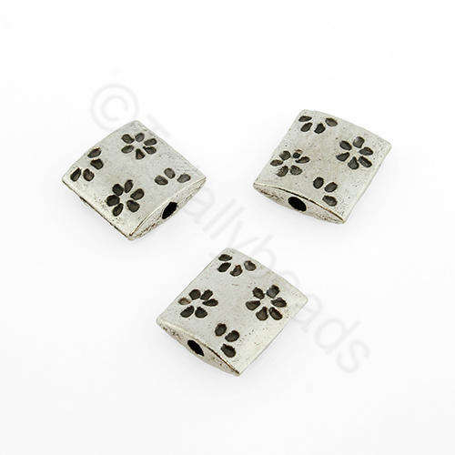 Antique Silver Square Bead - 10mm - Flower Design 15pcs
