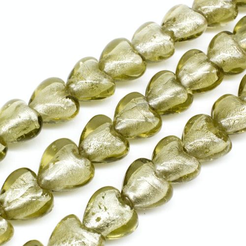 Silver Foil Heart Beads 12mm 30pcs   Khaki Green for jewellery making