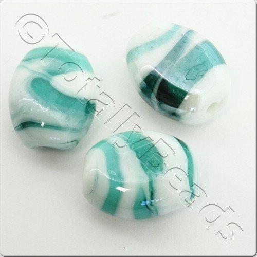 Lampwork Glass Bead Oval 22mm - Teal White Swirl Luster