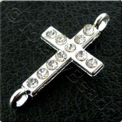 Rhinestone Connector - Cross - 20x10mm - Silver and Crystal
