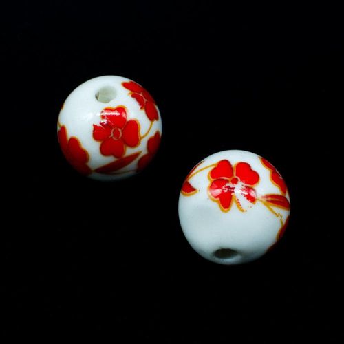Porcelain Handmade 14mm Round Bead   Red Flower for jewellery making