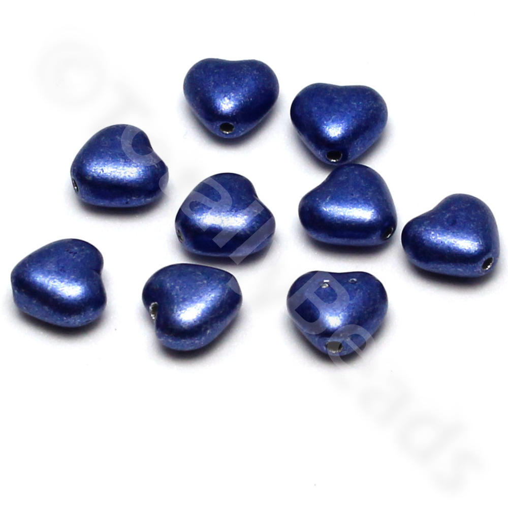 Czech Glass Heart Beads 6mm 40pcs - Metallic Blue