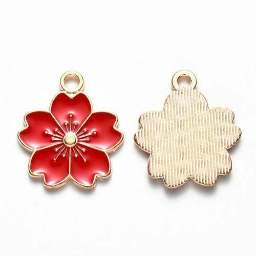 Enamel Gold Charm   17mm Flower Red 2pc for jewellery making