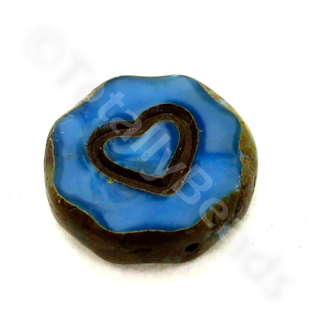 Table Cut Glass Bead - Blue Heart Coin 18mm