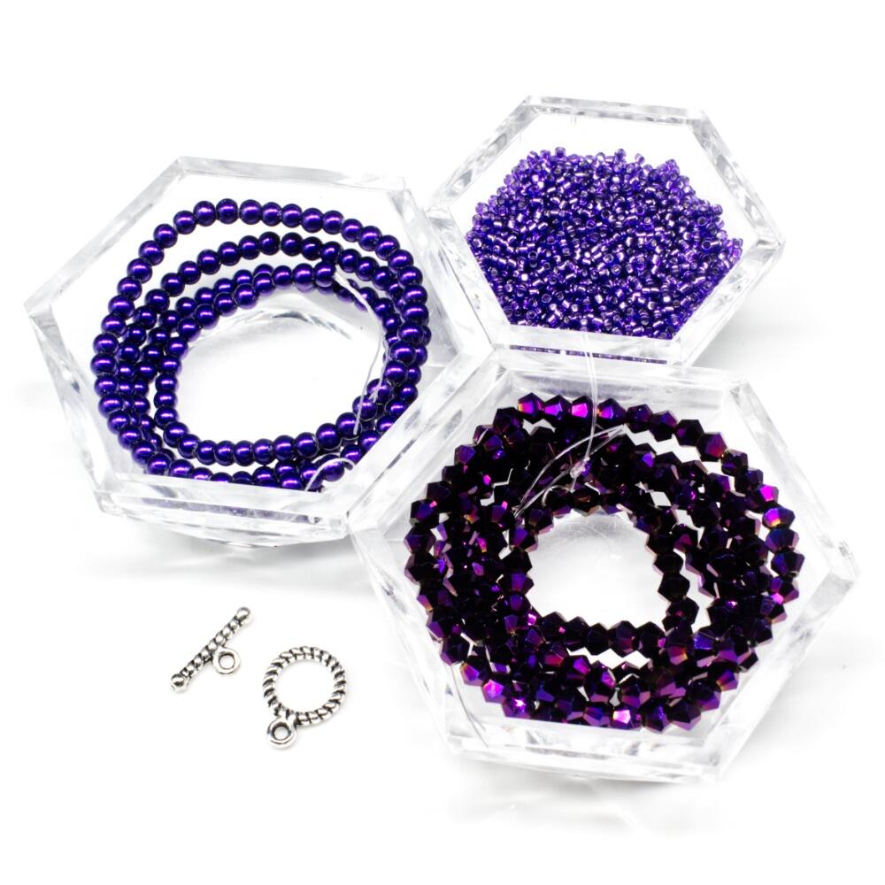 Crystal Flower Bracelet Makes 2 purple bracelet making kit — DIY set with beads and instructions for creating handmade jewelry