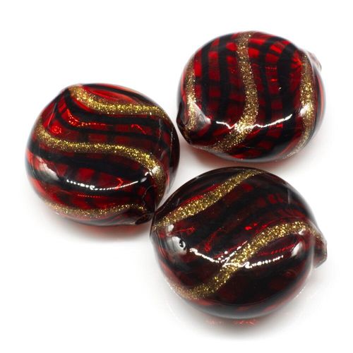 Hollow Glass Bead Disc 23mm   Red/Black/Gold for jewellery making