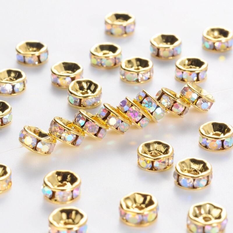 Diamante Spacer Rondelle Beads 6mm Gold Crystal AB 25pc 25 Pieces for jewellery making