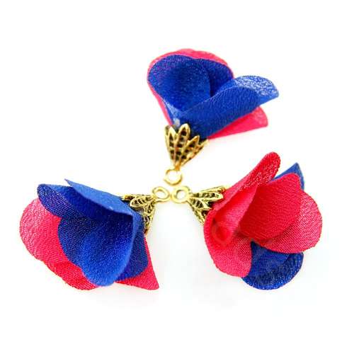 Flower Tassel Two Tone - Gold Leaf Cap Cerise and Blue 5pcs