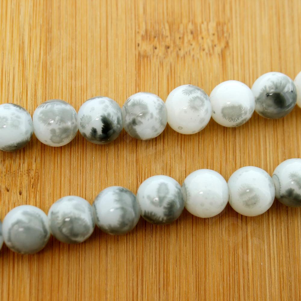 Glass Round Beads 10mm White Splatter- Pewter Grey