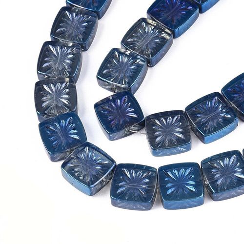 Glass Square Flower Beads 11mm Marine Blue   10pcs for jewellery making