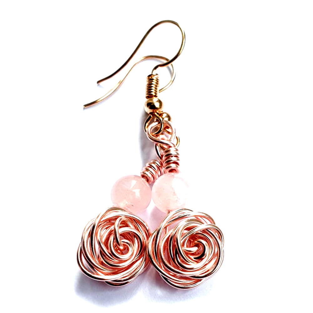 Wire Rose Earrings - Rose Gold & Rose Quartz